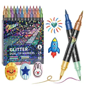 24 Pack Glitter Brush Markers,  Dual Tip Acrylic Paint Pens with 1–6mm Brush Tip, Sparkle Glitter Marker Set for Adult Coloring Books, DIY Crafts, Scrapbooking, Journaling, Cards & Art Supplies