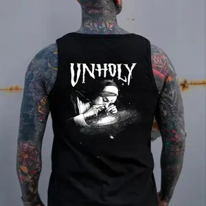 UNHOLY Nun Smoking Dark Style Black, BAD NUN Black Print Tank Top- Tattoo Street Wear Casual Cotton Shirt, Unisex, Minimalist Style, Trending for Men & Women Menswear Apparel