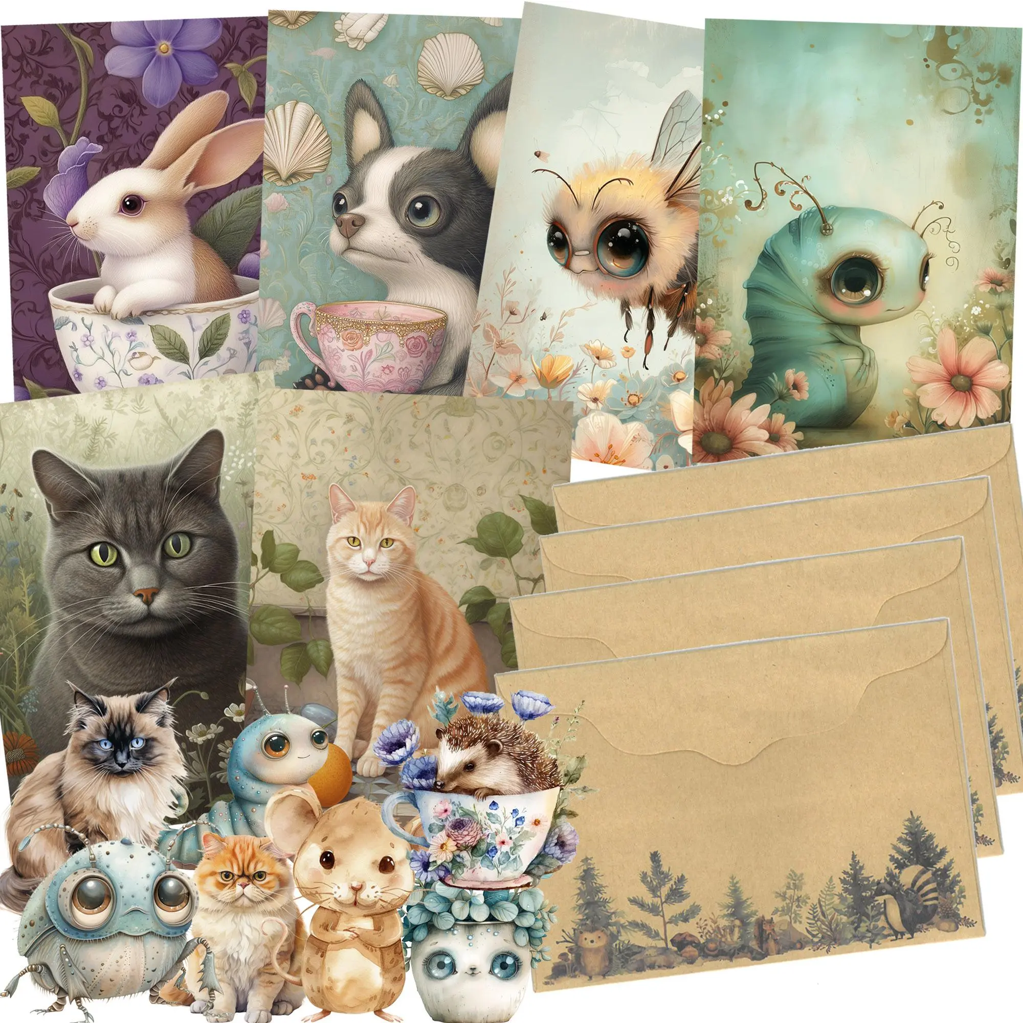 Flower Animal Tea Time Thick Postcard Set with Envelopes & Stickers, 54pcs/set Including 10pcs Card & 40pcs Sticker & 4 Counts Envelopes, Scrapbooking Supplies, Scrapbook Materials, Junk Journal Kits, Crafts, Greeting Card