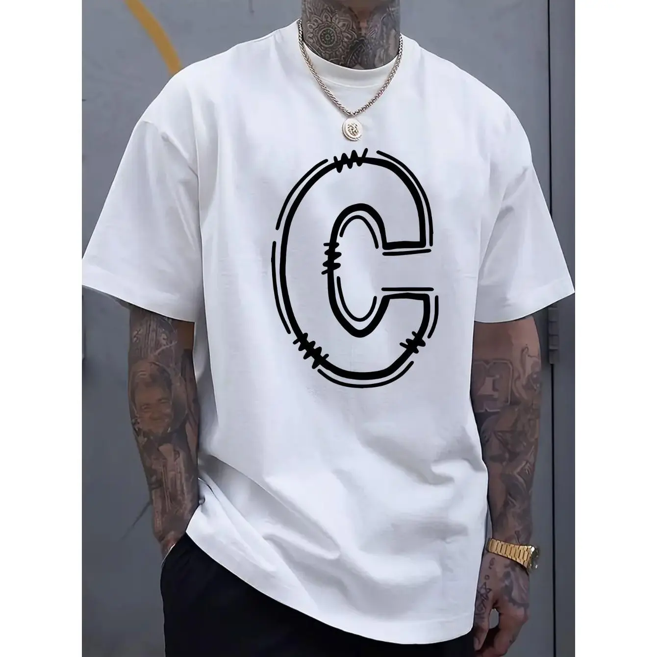 Men's Cotton C-Letter Geometric Print Short Sleeve Tshirt - Classic Relaxed Fit Round Neck Menswear Top, Breathable Fabric for Spring Summer Outdoor Activities & Leisure Outings