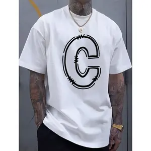 Men's Cotton C-Letter Geometric Print Short Sleeve T-Shirt - Relaxed Fit Round Neck Casual Top, Breathable Spring Summer Vacation Wear for Outdoor Activities & Leisure Outings, Trendy Graphic Tee,