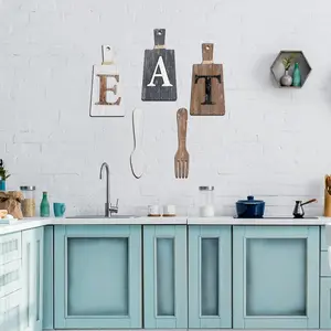 Cutting Board Eat Sign Set Hanging Art Kitchen Eat Sign Fork and Spoon Wall Decor Rustic Primitive Country Farmhouse Kitchen Decor for Home Decoration