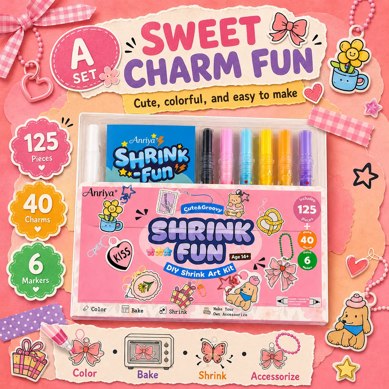 Back to school shopping-ANRIYA Pink 125+ Pcs Deluxe Shrinking Art Kit, DIY Shrink Plastic Craft Kit with 6 Dual-Ended Color Pens, 40 Pre-Cut Charms, Keychain Accessories, Creative Gift for Teens & Adults Ages 14+