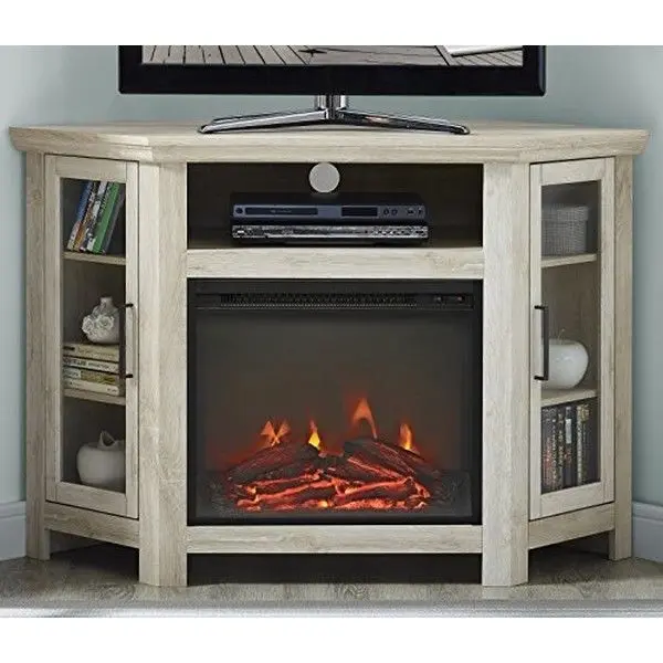 Walker Edison W48FPCRWO 48 in. White Oak Wood Corner Fireplace TV Stand, Indoor Furniture TV Console