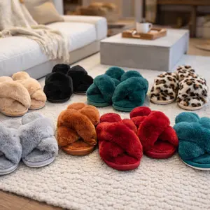 Cozy Women’s Fuzzy Cross-Band Slippers - Plush Open-Toe House & Outdoor Sandals in Multiple Colors & Sizes, Anti-Skid Rubber Sole, Best Valentine’s Day Gift Idea for Her