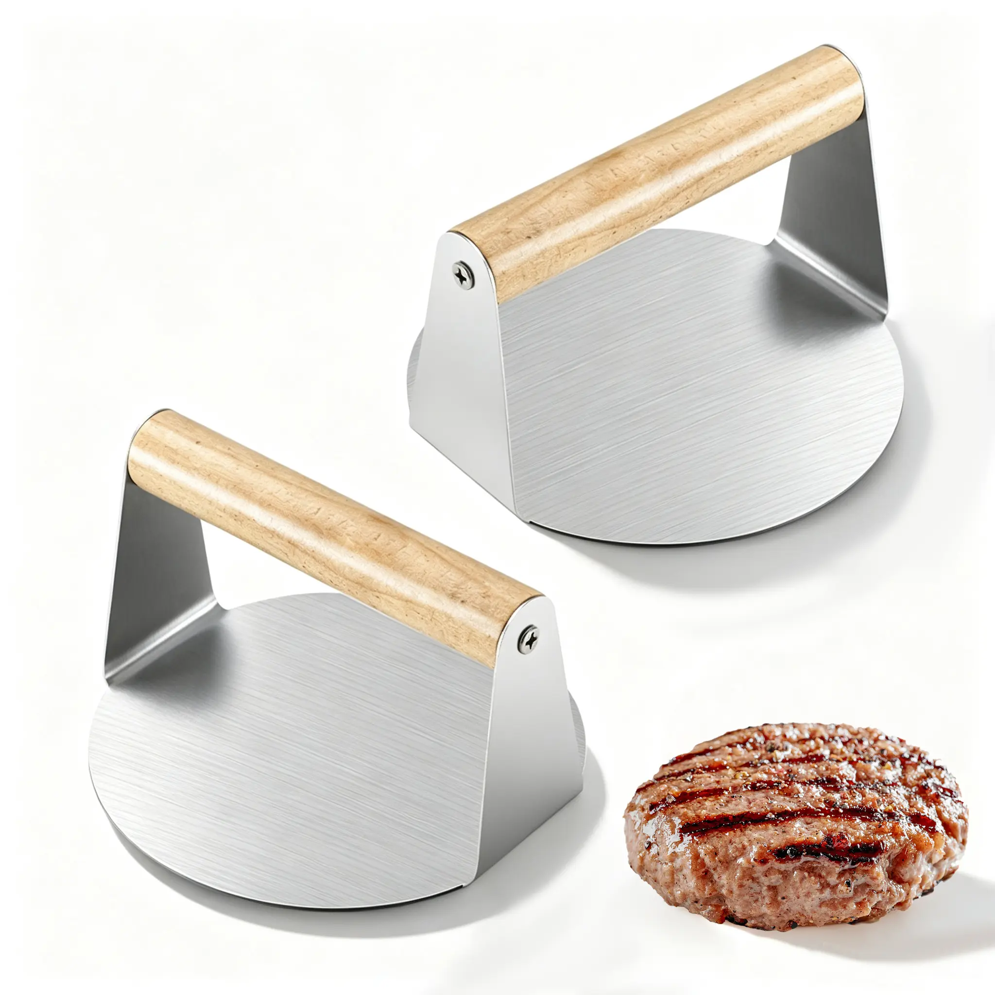 Get Crispy Sear 2-Pack Smash Burger Press Stainless Steel Griddle Meat Press with Wood Handle for Perfectly Smashed Patties Bacon Panini Cooking,Meat Tenderizer Tool,,hamburger,Non-Stick,poultry,hammer,,patty maker,chicken