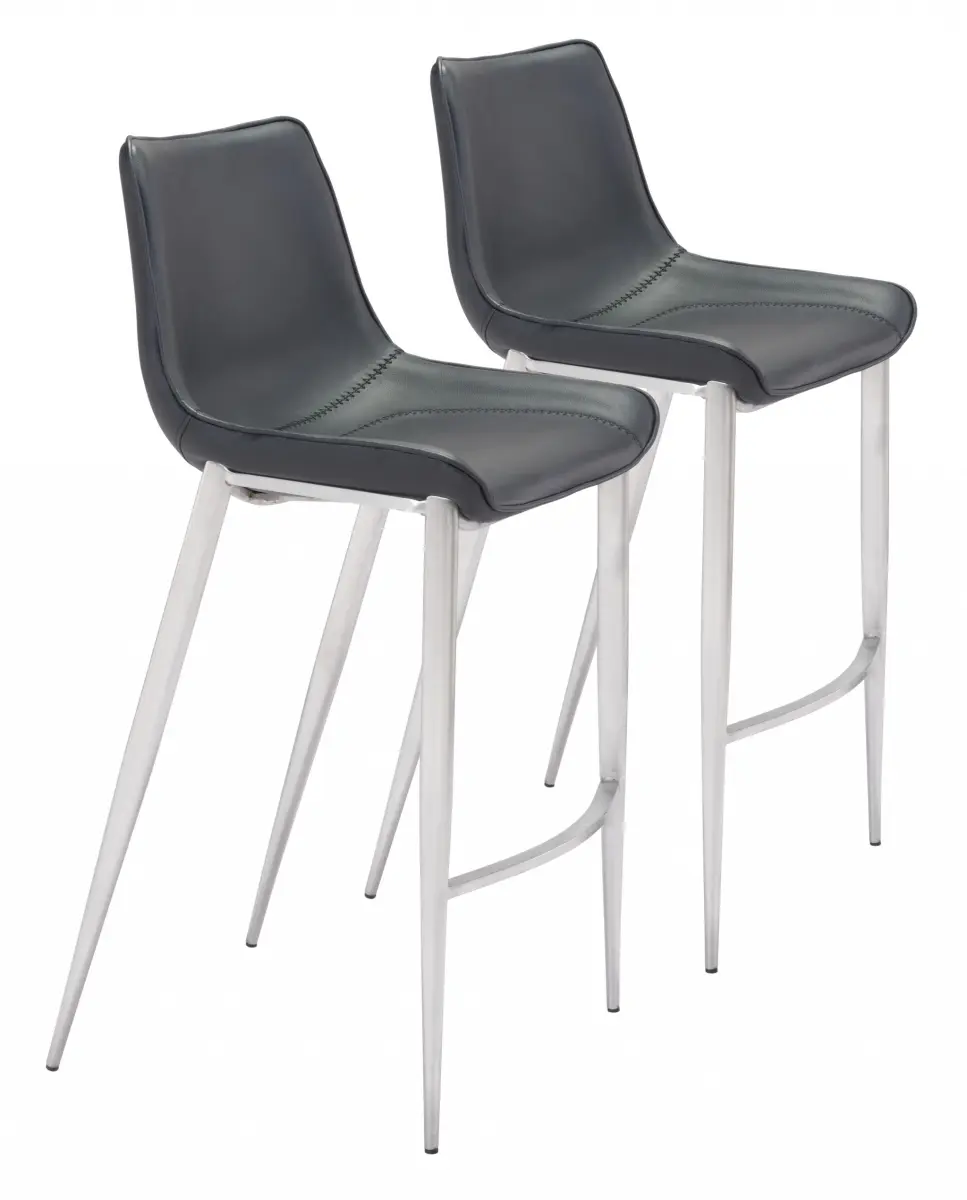 212 MAIN Modern Accent Bar Stool Set - 2 Stitched Detail Bucket Chairs, Black Faux Leather Seats, Steel Frame (Model 396428), Modern Accent Chair