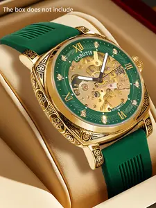 A men's vintage green silicone strap with a carved polygonal large dial and rhinestone hollow out luminous waterproof fully automatic mechanical watch