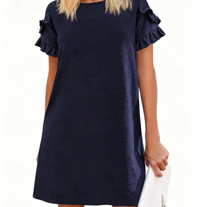 ZEAGOO Women's Minimalist Casual A-Type Sundress - Plain Fabric, Short Sleeves, Crew Neck, Straight Shoulders, 1 Pocket, Comfortable Elegant Fit, Simple Style, Everyday-Party Piece, Lightweight Cut