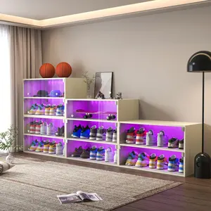 Off white Glass Door Shoe Box Shoe Storage Cabinet For Sneakers With RGB Led Light （1 Piece box） Organiser Racks