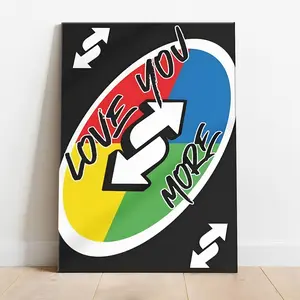 "Love You More" Reverse Card Canvas Wall Art, Funny Game Card Meme Poster, Colorful Trendy Preppy Room Decor, Couples Valentine's Day Gift