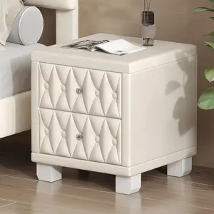 Elegant Velvet Nightstand with 2 Drawers and Crystal Handle, Storage Bedside Table with Button-Tufted, Beige