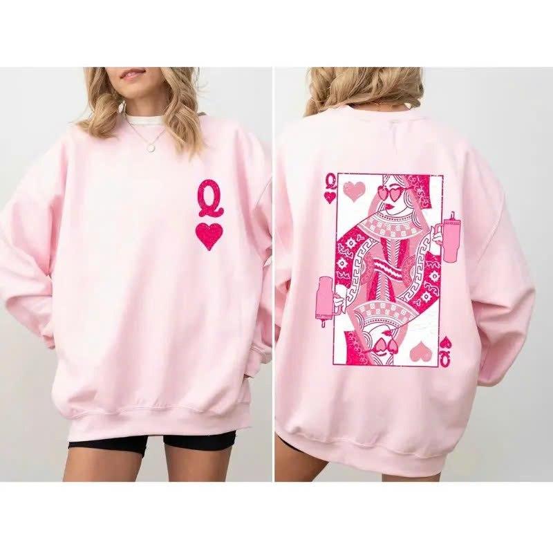 Queen of Hearts Sweatshirt, Card Game Graphic Crewneck, Valentine’s Day Outfit, Playing Cards Design Sweater, Cute Romantic Gift, Trendy Unisex Sweatshirt