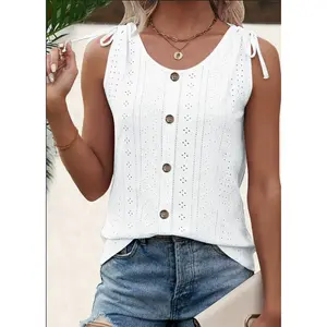 Eyelet Button Front Tank Top, Casual Sleeveless Tank Top For Summer, Women's Clothing，women's clothes，summer tops women outdoorfun