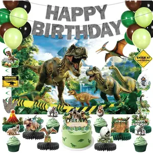 Dinosaur Birthday Decorations Set Dino Themed Backdrop Hanging Swirls Dinosaur Party Banners Balloons Dino Birthday Honeycomb Centerpieces Cake Toppers for Kids Boys Jungle Themed Party Decor