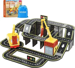 Magnetic Tiles Road Set with 2 Magnet Crane Car Toys,for Ages 3-10 Building Toys Includes Crane, Road Tracks,Dolls, Car Toy, Traffic Lights