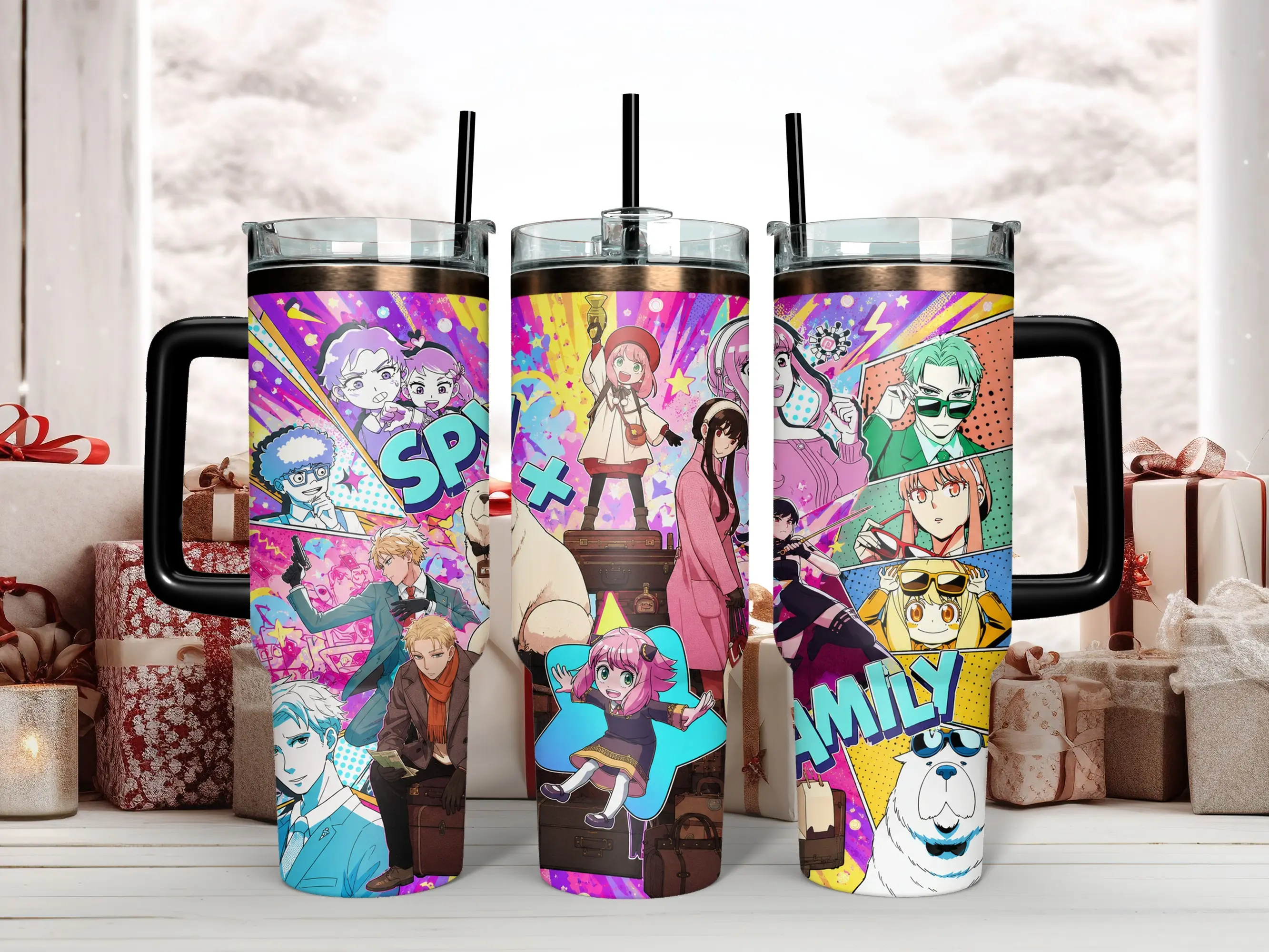 40oz Insulated Reusable Stainless Steel Portable Travel Mug - Spy x Family Anime Character Collage Tumbler with Handle & Straw, Vibrant Pop Art Comic Style, Feat. Anya, Loid, Yor, Bond Forger, Ideal Gift for Otaku Fans, Kitchenware Drinkware, Insulation,