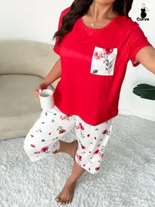 【Plus Size】 Floral Print Tee & Capri Pants Pyjama Two-piece Set, Casual Comfy Fit Round Neck Short Sleeve T-shirt & Trousers PJ Set, Women's Sleepwear & Loungewear Homewear for Summer, Pajama Set, Pajamas