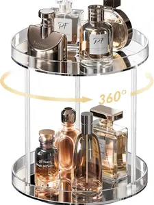 360 Degree Rotating Acrylic Perfume Organizer Stand, 2 Tiers Clear Perfumes Holder Display Rack, Makeup Skincare Organization for Vanity Bathroom Countertop -Medium, Clear