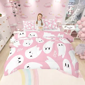 Happy Halloween Kids Comforter Set,Cartoon Ghost Pink White Bedding Set,Children Bedroom Decor,Watercolor Print Ultra Soft Quilt