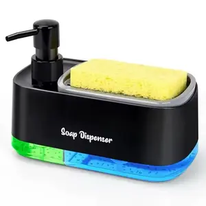 Hand and Dish Soap Dispenser Set Detergent Dispenser Sponge Holder 2-in-1 Countertop Soap Pump Dispenser for Kitchen Sink with Integrated Sponge Rack