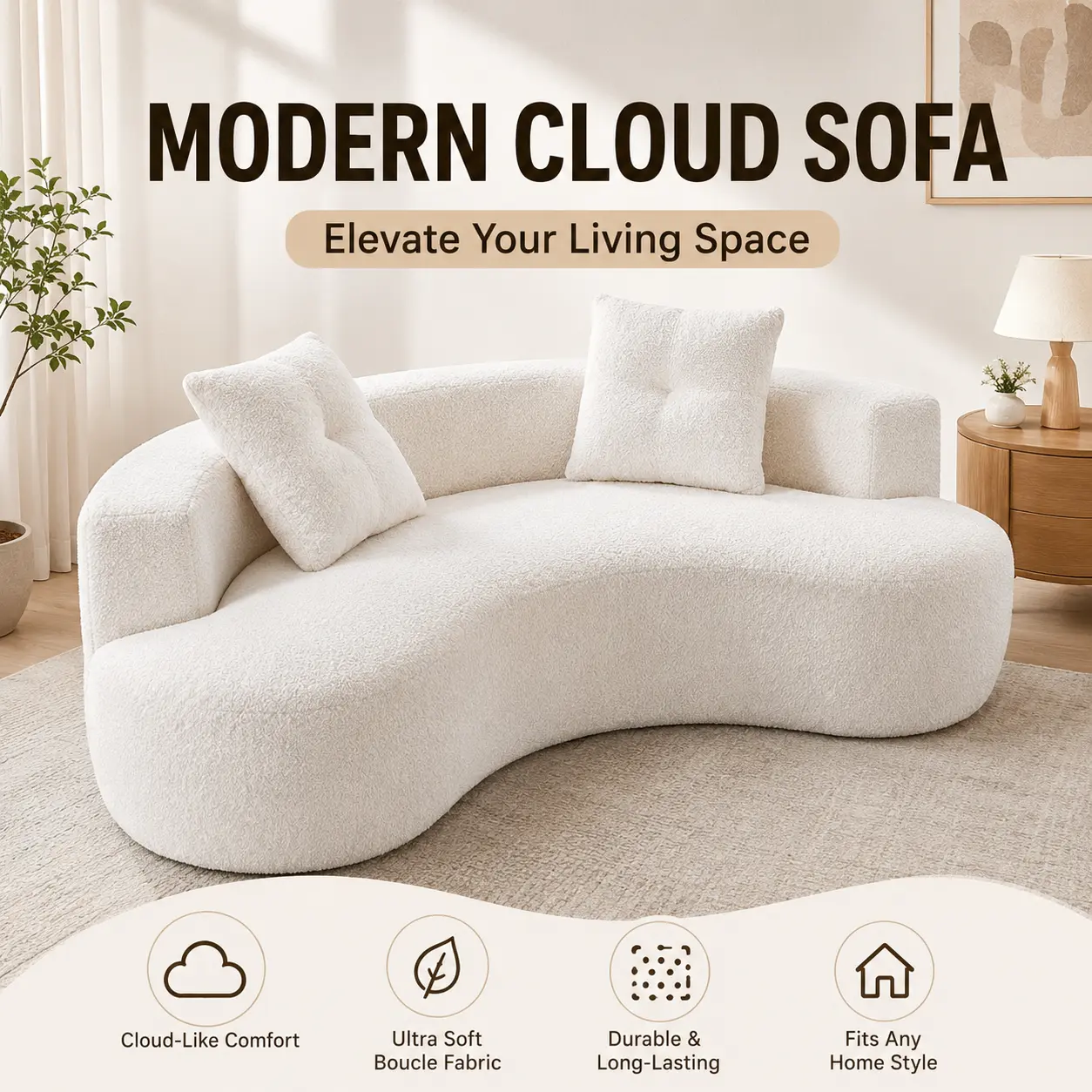 KAYDENO Curved Boneless Compressed Sofa, Boucle Cloud Couch with Deep Seat, Modern 3 Seater Sofa in a Box, Oversized No Assembly Couch for Living Room, Apartment & Bedroom