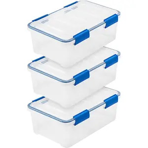 16 Quart Storage Boxes with Lids, 3 Pack, BPA Free Plastic Gasket Boxes with Tight Locks and Seals, Stackable Nesting Totes - Clear/Blue
