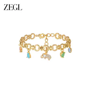 ZEGL Lucky Elephant Charm Bracelet for Women, Gold Plated Chunky Chain with Multi-Color Gemstone Charms, Vintage Boho Jewelry Gift for Her, 2026 Summer Trend