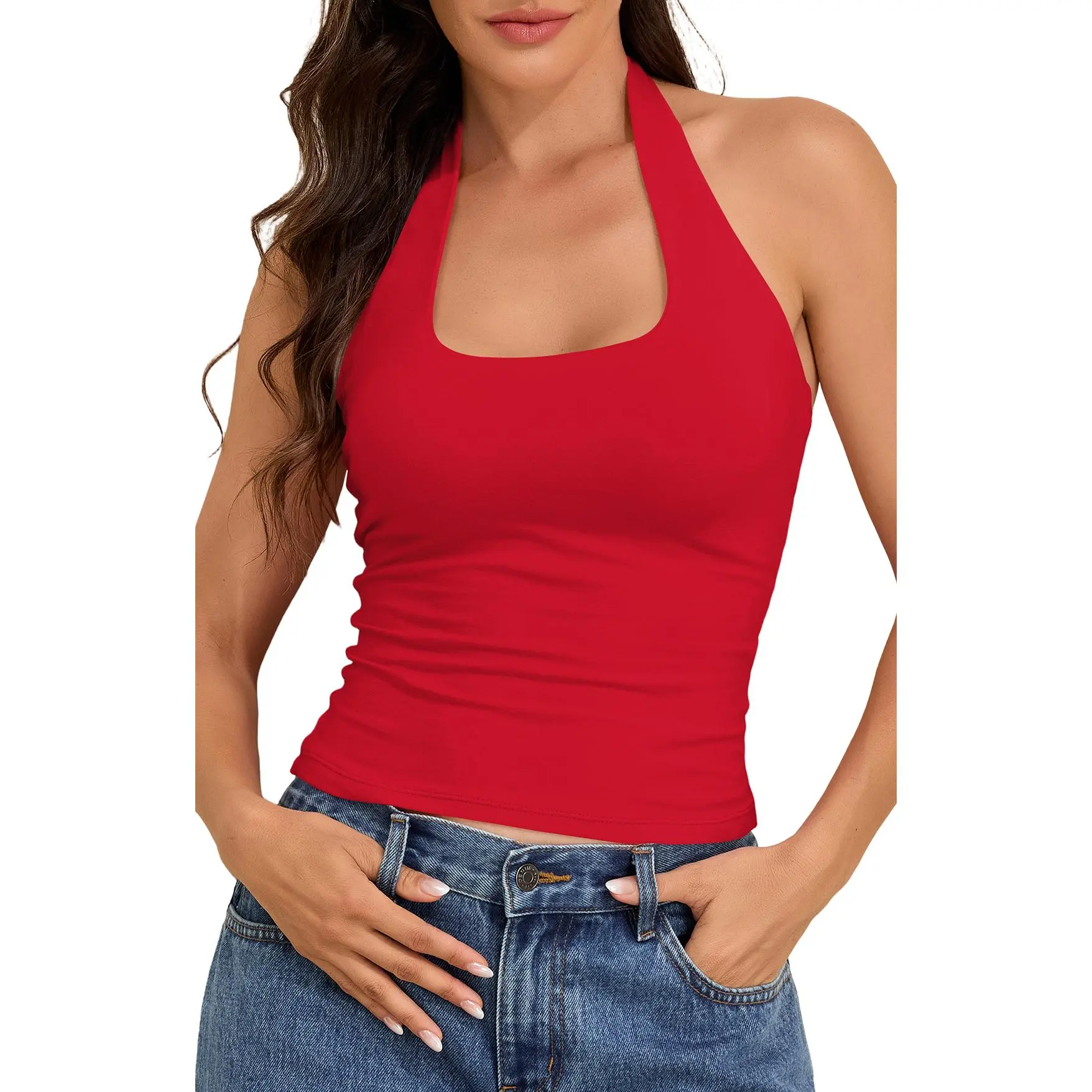 PrettyGuide Women's Cotton Halter Tank Top - Built-in Unpadded Shelf Bra, Backless Slim Basic Camisole, Y2K Fabric Top for Summer Beach Casual Going Out