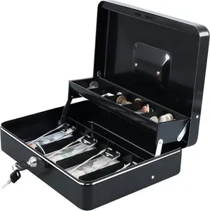 Box with  Tray and Key Lock,Tiered, Cantilever Design,4 Bill / 5  Slots,11.8" x 9.5" x 3.5",Black