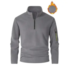 Men's Thick Polar Fleece Stand-Up Collar Zipper Hoodie - Warm Casual Loose Fit Half-Zip Base Layer for Outdoor Hiking, Streetwear & Winter Activities (Solid Color)