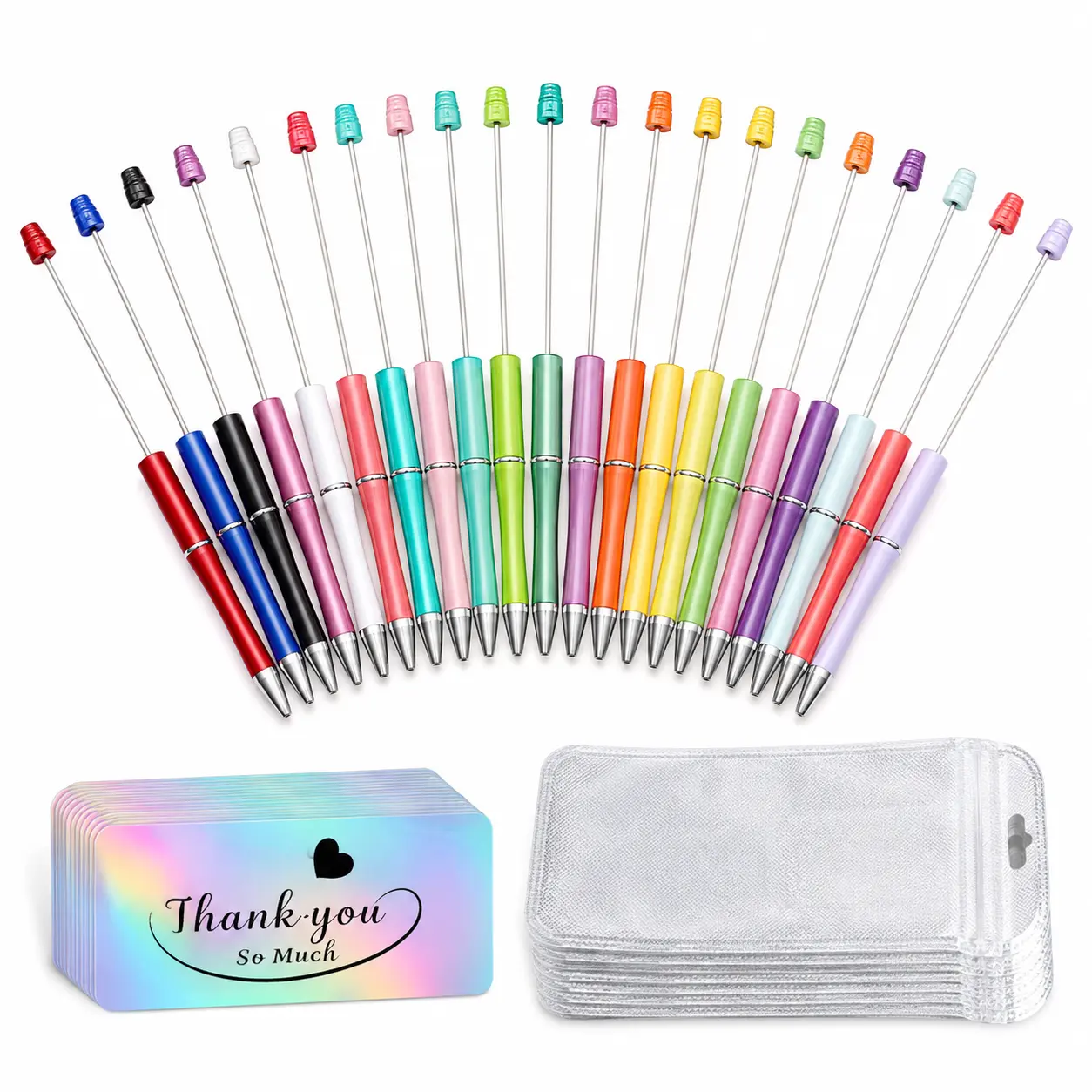 60-Piece DIY Beadable Pen Kit, 20 Colorful Ballpoint Pen Blanks for Large-Hole Beads with 20 Holographic Thank You Cards and 20 Bags, Personalized Pen Making, Party Favors, Teacher Gifts, Craft Kits Not including beads keychains