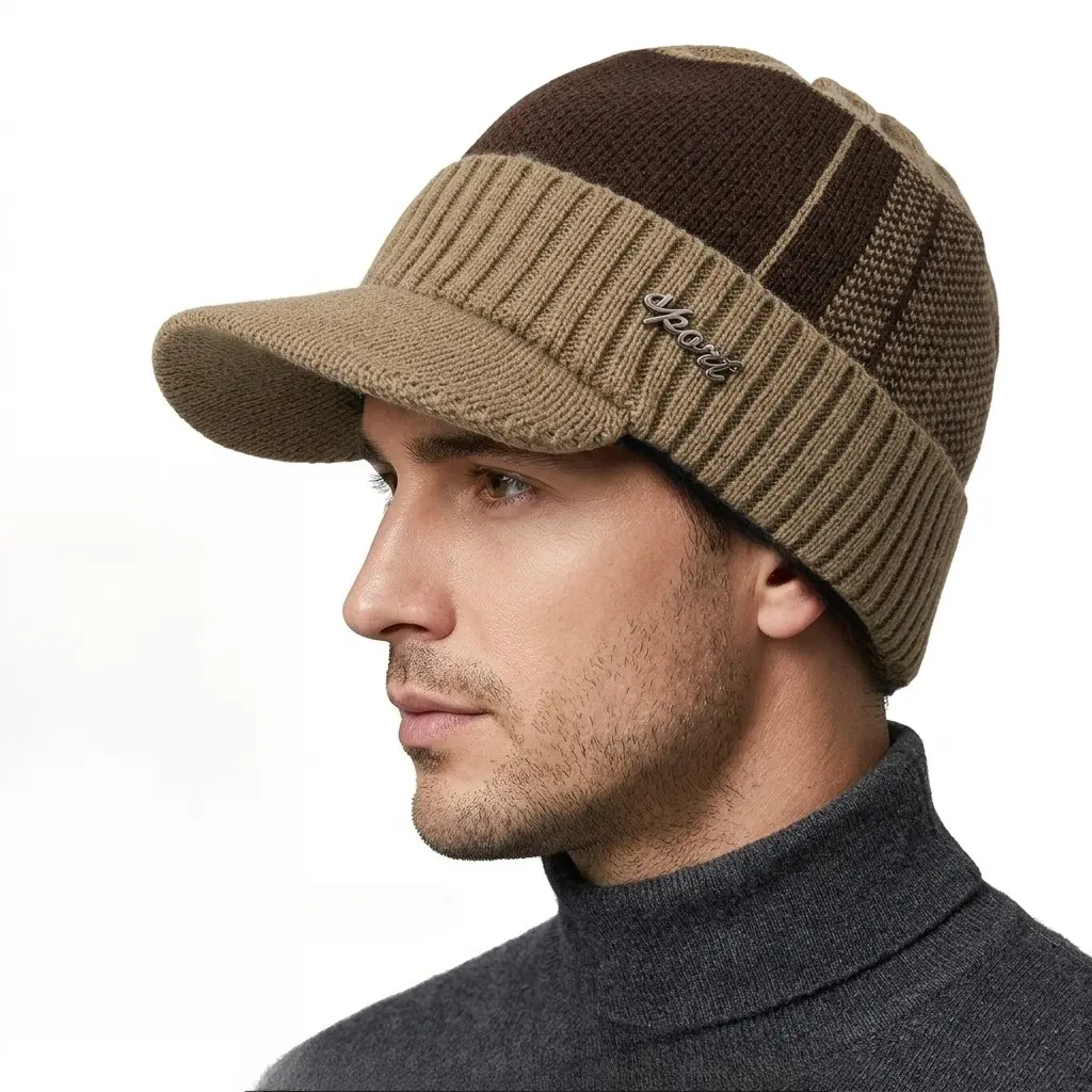 Men's Knitted Beanie Hat, Boho Style with a Plush Lined Brim and Logo Embroidery for Winter Outdoor Wear, Soft Knit, Sporty Chic, Unisex Size, Athletic Knit Hats