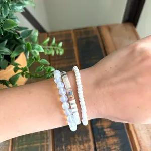 Coastal Beaded Bracelet Stack Tila Bead Set with Opalescent Stones Stretchy Handmade Neutral Bracelets for Beachy Look