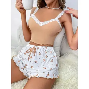 Women's Lace Camisole And Shorts Set Stretchy Two Piece Loungewear Comfortable Stylish Sleepwear For Daily Casual Wear And Home Outings