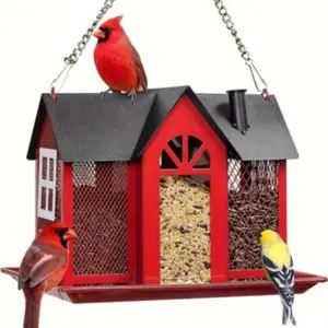 Durable Metal Bird Feeder House with Triple Feeders, Large Capacity Outdoor Garden Hanging Bird Feeder, Easy Clean Design, Natural Environment
