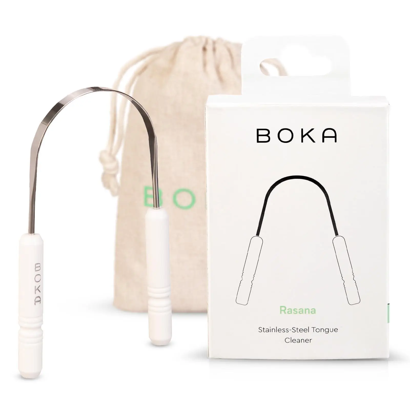 Boka Tongue Scraper for Adults & Kids with Case - Stainless Steel Tongue Cleaner w/Linen Travel Pouch - Remove Tongue Buildup - Freshens Breath