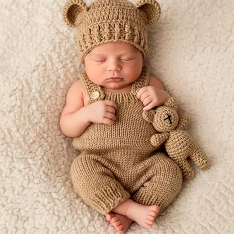 Newborn Photography Outfits for Boys Girls, 3PCS Hand Knitted Cute Baby Bear Romper Set, Newborn Photo Props, Gift Sets