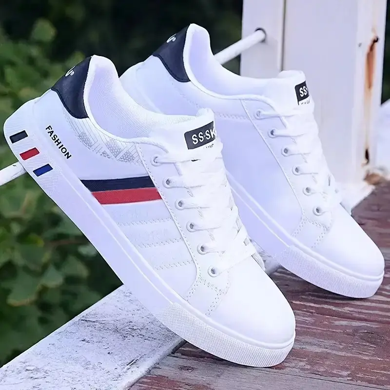 Men Fashion Striped Leather Low Top Skate Sneakers, Waterproof Light Lace Up Casual Walking Shoes, Non Slip White Thick Rubber Sole Trainers, Black White Two Tone Sport Footwear For Daily Office Street Travel Gym