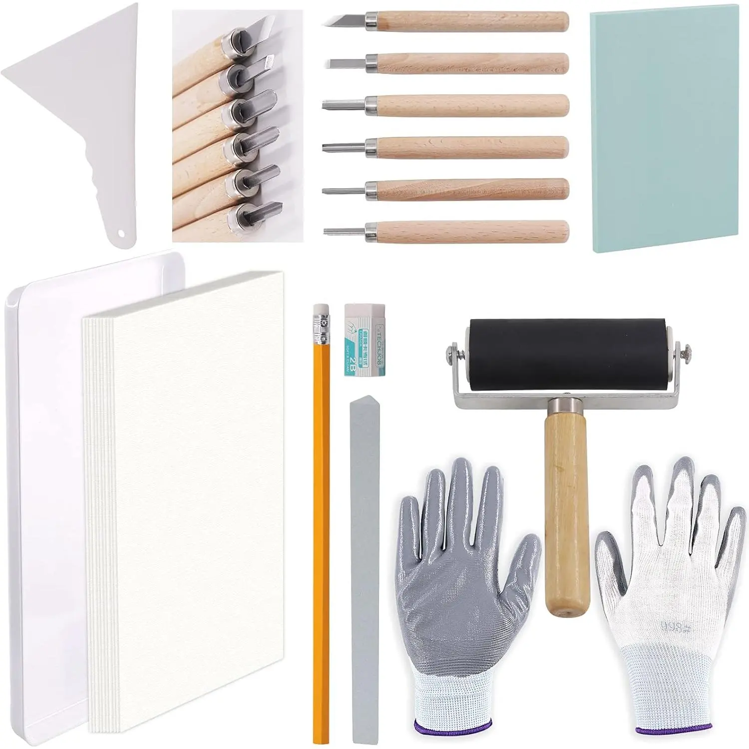 24 Pieces Block Printing Starter Tool Kit with Whetstone, Stamp Block, Carving Tools, Tracing Papers,Pencil, Gloves,Eraser and Scrapper, Rubber Stamp Making Kit for Stamping and Printmaking