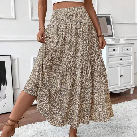 Women's Layered Cake Skirt, Flowy Tiered Skirt, Loose-Fitting Ditsy Floral Long Skirt, Elegant A-Type Design, No Pockets, All Seasons Wear