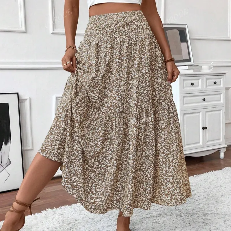 Women's Layered Cake Skirt, Flowy Tiered Skirt, Loose-Fitting Ditsy Floral Long Skirt, Elegant A-Type Design, No Pockets, All Seasons Wear