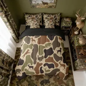 Feelyou 7-Piece Ultra-Soft Bedding Set - Animal Print Wildlife Theme Camo Comforter & Sheets, Multi-Size Brown Farmhouse Camouflage Bed Set for Kids (Deer, Bear, Hound, Turkey, Wolf, Army Designs)
