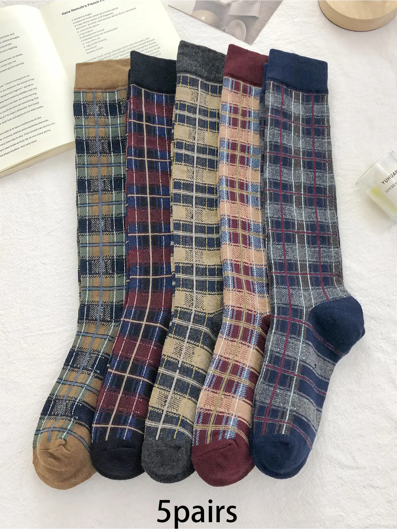5pairs Maillard plaid calf casual socks are retro, preppy, comfortable, breathable, and suitable for women's daily leisure, sports, commuting wear