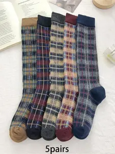 5pairs Maillard plaid calf socks are retro, comfortable, breathable, and suitable for women's daily leisure, sports, commuting wear