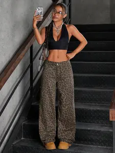 Women's Leopard Print High Waist Wide Leg Jeans, Washed Denim with Elastic Waist, All Season Casual Office Wear, Loose Fit Long Pants