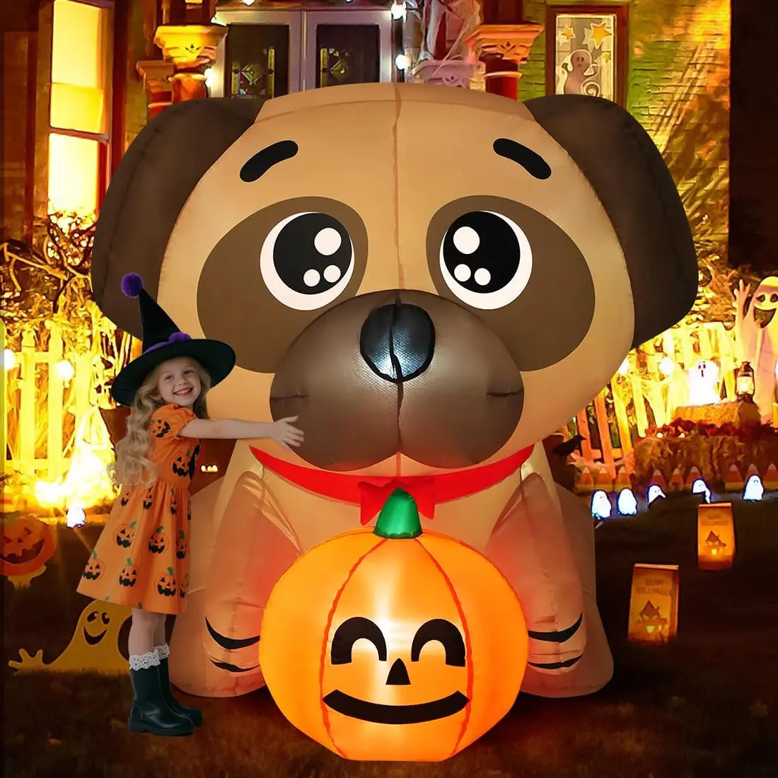 COMIN 5 FT Long Halloween Inflatables Dog Outdoor Yard Decorations Blow Up Pug Holding Pumpkin with Built-in LEDs for Indoor Party Garden Lawn Decorspooky season decor, spooky yard decor, halloween yard decor, halloween gift for him and her, 2026 gift