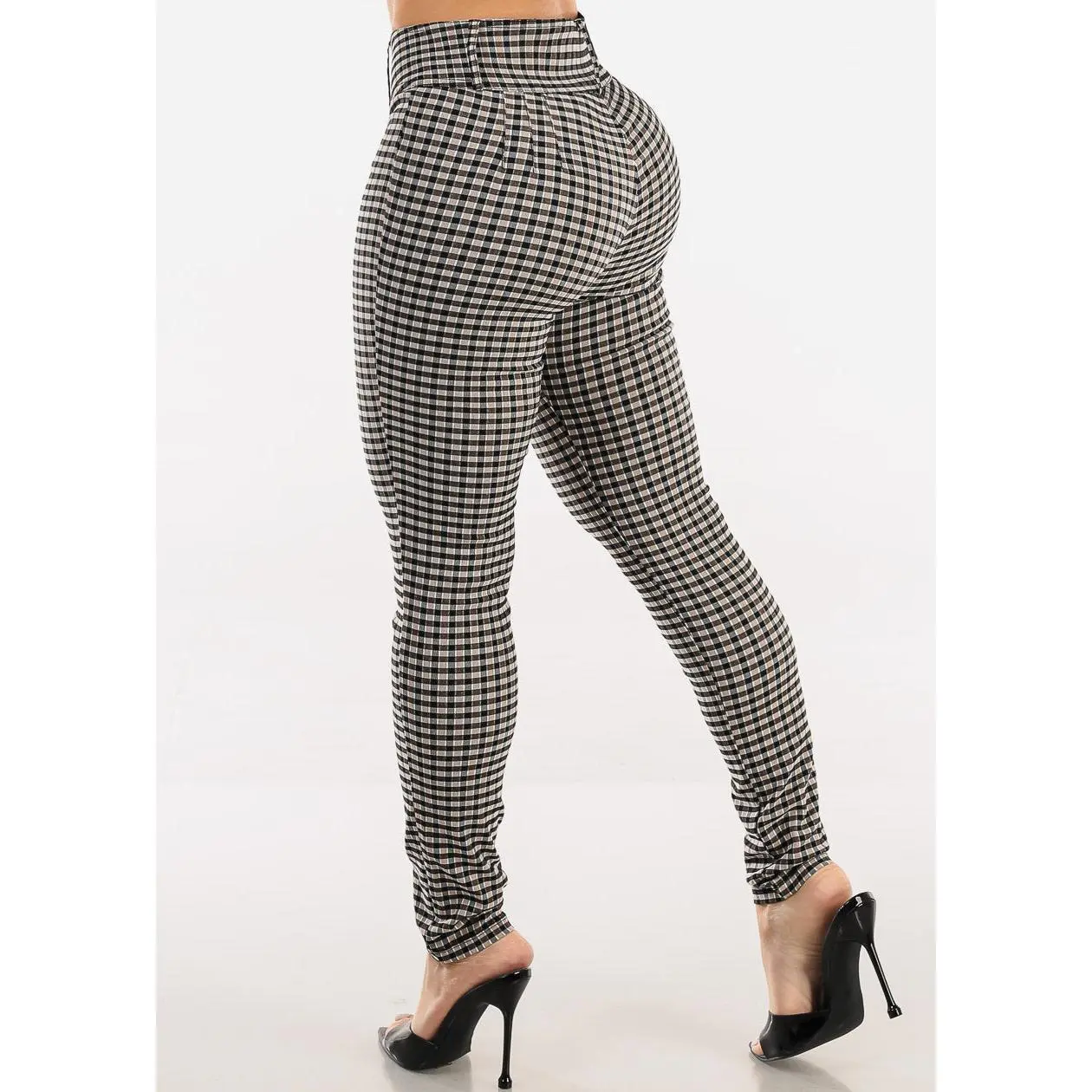 Push Up High Waist Plaid Skinny Pants Khaki