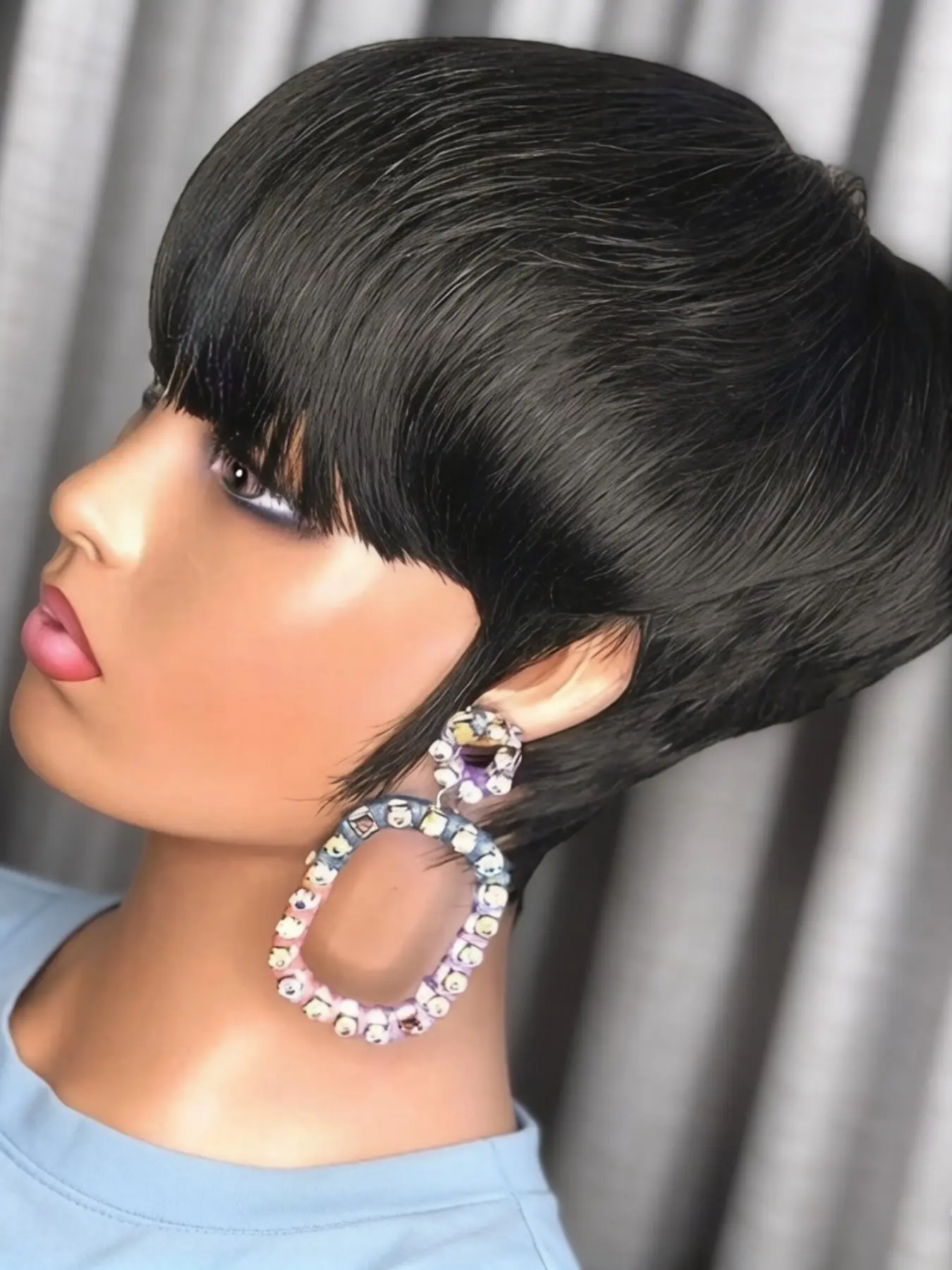 Human Hair Wig with Bangs Wavy Layered Pixie Cut for Women Daily Wear Evasens Short Pixie Cut Human Hair Wig for Black Women  main image 4