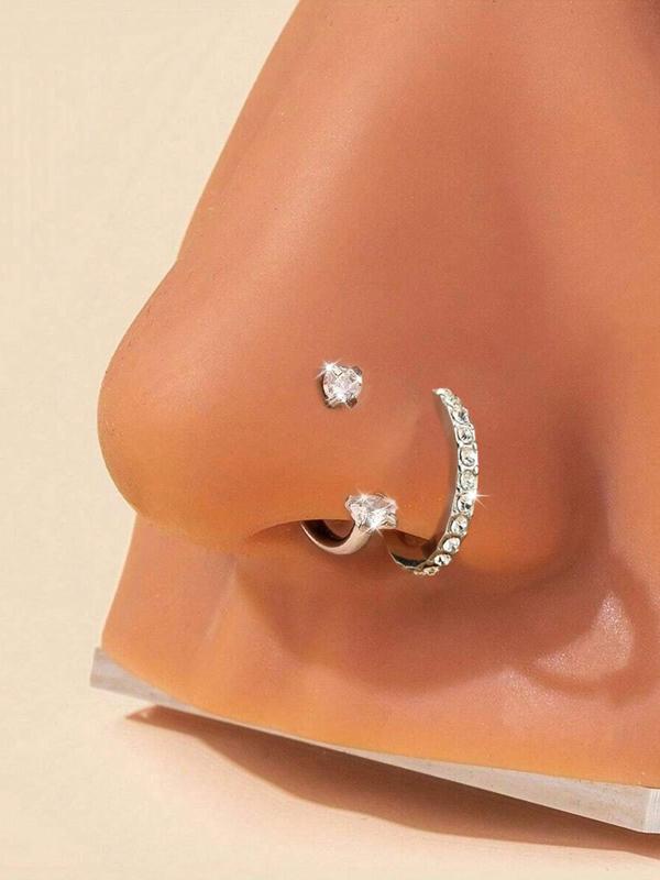 Cz Stainless Steel Nose Ring, Heart Design, 8mm Inner Threaded Hoop, Suitable for Cartilage, Tragus, Lobe, Lip Piercing Jewelry, Body Jewelry